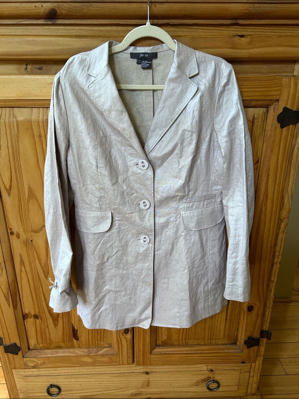 Per Se Coat Light Taupe Linen-Blend Three-Button Blazer Lightweight Chic Size 14